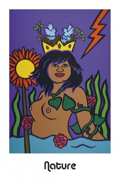 Colorful illustration inspired by the Hip Chick Tarot (Schiffer Publishing, Ltd.): a diverse woman with dark hair, surrounded by plants, flowers, a bird's nest crown, a sun, lightning bolt, and "Nature" written below.