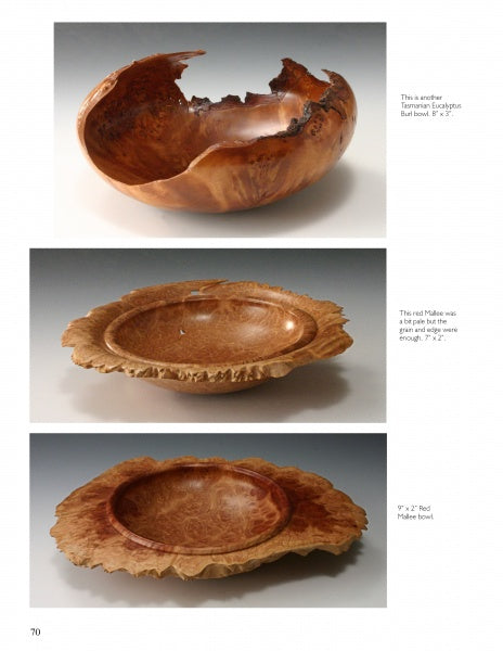 Turning Natural Edge Bowls by Schiffer Publishing, Ltd. features three wooden bowls: a round bowl with a jagged rim on top, two flat wavy-edged bowls below, all displaying unique grain patterns and polished finishes against a white background.