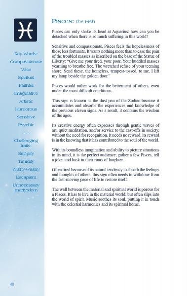 A page from Schiffer Publishing, Ltd.'s "The Beginner's Guide to Astrology" describes Pisces traits like compassionate, wise, and spiritual—with detailed insights for those learning astrology or using a birth chart workbook.