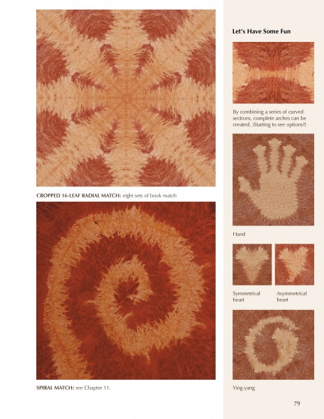 A page from Schiffer Publishing’s "Advanced Veneering and Alternative Techniques" displays labeled wood veneer patterns—radial sunburst, spiral, hand, symmetrical and asymmetrical hearts, yin-yang—plus a veneering guide for curved sections.