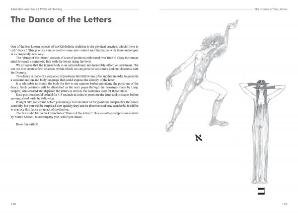 Two pages from Kabbalah and the 22 Paths of Healing by Schiffer Publishing, Ltd., feature black-and-white drawings of a nude figure in expressive poses with Hebrew letters, inspired by Kabbalistic healing. Text appears on the left; illustrations on both pages.
