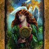 A woman with long red hair in a green robe holds a pentacle coin. A white dove perches on her shoulder beneath a crescent moon, trees behind her. The card, "Adept of Coins," is from The Illuminati Tarot by Schiffer Publishing, Ltd.