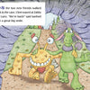 Two friendly monsters, yellow and green, walk arm in arm toward a cave. The yellow monster waves, the green one smiles. A text box shares from "The Lollipop Monster Meets Clem the Klutz" by Schiffer Publishing, Ltd., as Larry returns home.