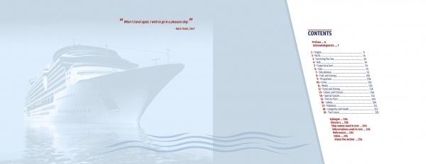 A Cruise Ship Primer by Schiffer Publishing, Ltd. features a sleek cruise ship on calm waters, a blue and white palette, waves, an inspiring quote above the ship, and a table of contents listing sections and page numbers on the right.