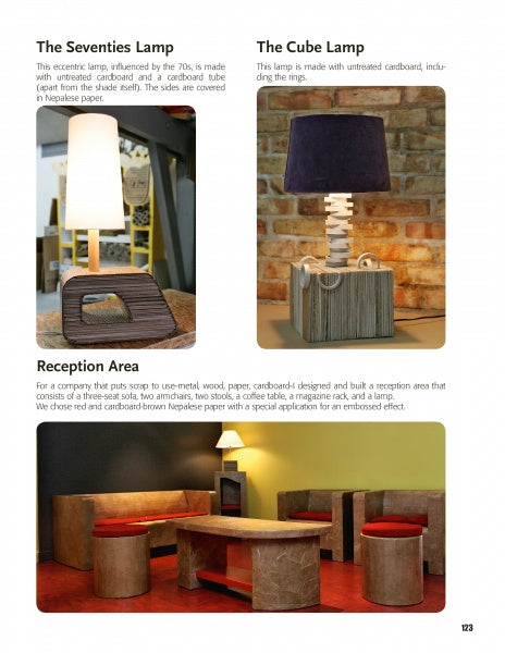 A catalog page features three lamps, including a retro and a modern style, alongside stylish cardboard furniture inspired by "The Great Book of Cardboard Furniture" from Schiffer Publishing, Ltd.