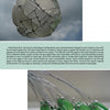 Two sculptures featured in "Sculpture and Design with Recycled Glass" by Schiffer Publishing, Ltd. include a round white and green glass piece on top and dangling green shards on wires below. Captions and artist details are provided.