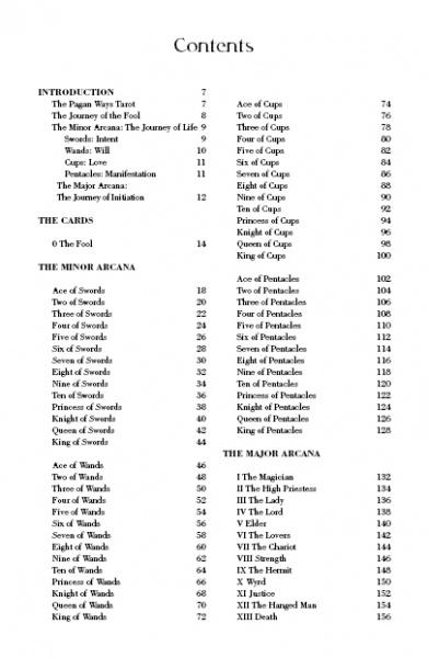Table of contents page from Schiffer Publishing, Ltd.’s Pagan Ways Tarot book, listing sections like Introduction, The Cards, Minor Arcana, Major Arcana—with page numbers and card names from the Pagan Ways Tarot deck.