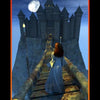 A woman in a white dress crosses a narrow bridge toward a dark castle under a full moon. With black and orange borders, 0 at the top, and "Fool" at the bottom, this scene is featured in Tarot of the Night by Schiffer Publishing, Ltd.