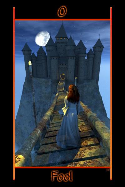 A woman in a white dress crosses a narrow bridge toward a dark castle under a full moon. With black and orange borders, 0 at the top, and "Fool" at the bottom, this scene is featured in Tarot of the Night by Schiffer Publishing, Ltd.