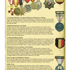 A page from "The Spanish in the SS and Wehrmacht, 1944-1945" by Schiffer Publishing, Ltd. shows Spanish military medals from WWII, including Blue Division awards, with vivid ribbons and detailed descriptions on aged yellow paper.