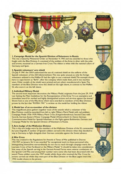 A page from "The Spanish in the SS and Wehrmacht, 1944-1945" by Schiffer Publishing, Ltd. shows Spanish military medals from WWII, including Blue Division awards, with vivid ribbons and detailed descriptions on aged yellow paper.