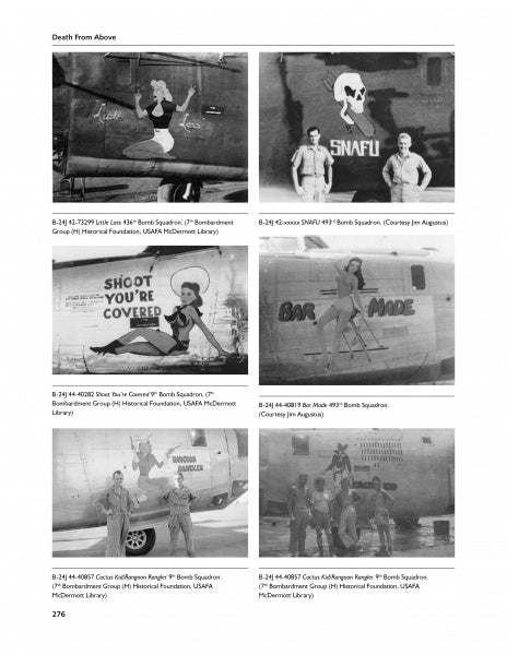 A page from "Death from Above" by Schiffer Publishing, Ltd. shows six WWII bomber photos with unique nose art—women, cartoons, and phrases—plus Army Air Corps members posing by the aircraft.