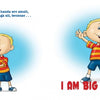 An illustrated boy with blonde hair wears a red-yellow striped shirt, blue shorts, and sneakers. This Schiffer Publishing, Ltd. picture book, "Am I Big Enough?", shows him standing calmly then smiling with arms raised.
