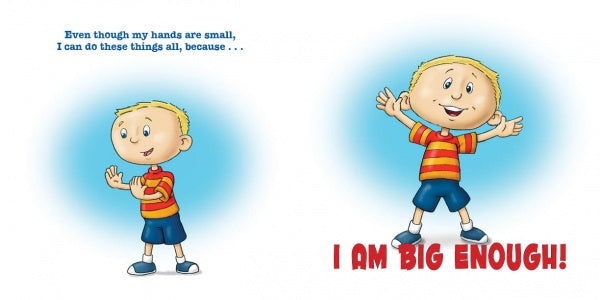 An illustrated boy with blonde hair wears a red-yellow striped shirt, blue shorts, and sneakers. This Schiffer Publishing, Ltd. picture book, "Am I Big Enough?", shows him standing calmly then smiling with arms raised.