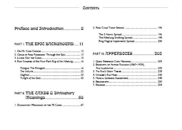 Table of contents page for The Ring Cycle Tarot by Schiffer Publishing, Ltd., featuring sections like “The Epic Background,” “Ring Cycle Tarot Spreads,” “Appendices,” detailed subsections, and Arthur Rackham illustrations.