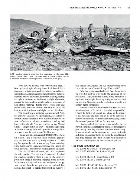Three uniformed soldiers examine the wreckage of an Israeli F-4 Phantom on rocky terrain in a scene from "Ghosts of Atonement" by Schiffer Publishing, Ltd., evoking memories of the Yom Kippur War against distant hills.