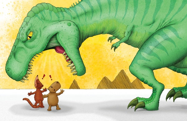 A large green T. rex looms over two small, surprised cartoon dinosaurs and a startled capybara, all with exclamation marks above their heads, set against a yellow sky. From "Untitled" by Schiffer Publishing, Ltd.