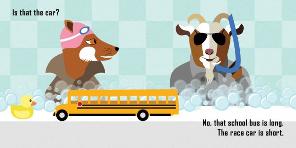 A cartoon fox in swim goggles and a goat in sunglasses and a snorkel sit in a bubble bath. Inspired by the Fox and Goat Mystery, they debate if The Lost Race Car from Schiffer Publishing, Ltd. is short or long.