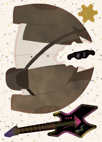 A brown cowboy hat, black sunglasses, sheriff's badge, and neon-accented guitar sit on a star-patterned backdrop—perfect for inspiring ‘Yikes! Santa Claus is in His Underpants!’ by Schiffer Publishing, Ltd. or a creative dress-up Santa adventure.