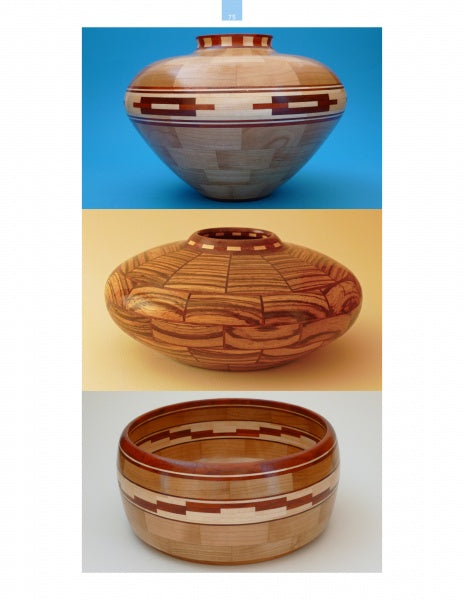 “Segmented Bowls for the Beginning Turner” by Schiffer Publishing, Ltd. showcases three wood-turned bowls: one round with geometric patterns, a flatter bowl with curved designs, and a shorter bowl featuring wide decorative bands.