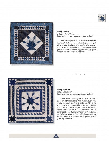 Two square blue and white quilts with geometric patterns, featured in Schiffer Publishing, Ltd.’s "A Quilt Block Challenge," are displayed on a white background, each with a maker’s description detailing their inspiration and techniques.