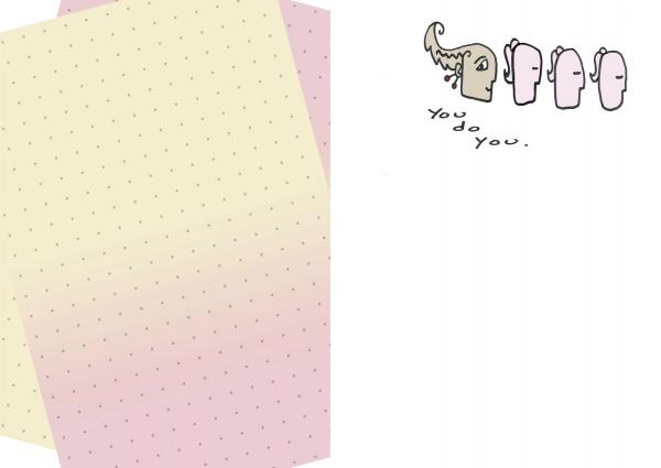 Three pink, faceless figures stand in a row as a unique beige figure with swirly hair says “You do you.” Nearby are two pastel gradient pages with dotted grids, evoking The Manifestation Journal by Schiffer Publishing, Ltd.