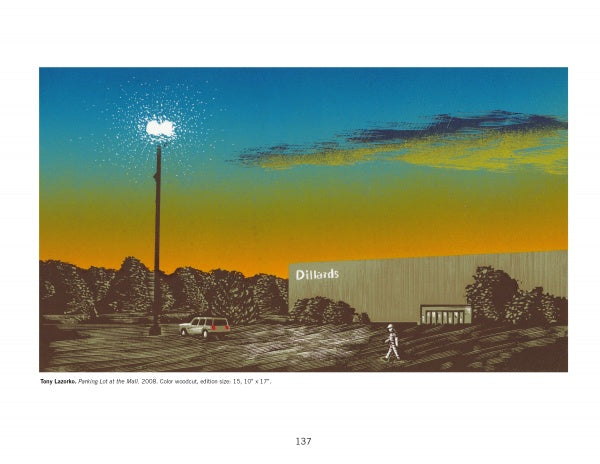 Inspired by Printmakers Today by Schiffer Publishing, Ltd.: a sunset-lit parking lot with one streetlight, a parked car, a lone walker, and a distant Dillards. Vivid skies and trees reflect modern printmaking techniques.