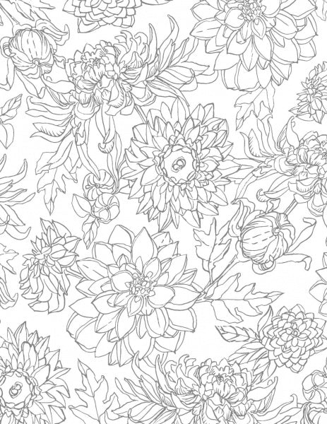 Black and white line drawing of abundant, detailed dahlia flowers and leaves in a dense pattern; inspired by fall florals, perfect for watercolor coloring with Kristy's Fall Cutting Garden by Schiffer Publishing, Ltd.