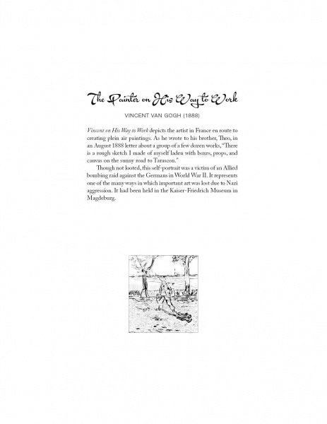 The white page from "Looted Beauty" (Schiffer Publishing, Ltd.) features the title “The Painter on His Way to Work,” a summary of Van Gogh’s artwork and a black-and-white illustration, spotlighting a Nazi-looted masterpiece.