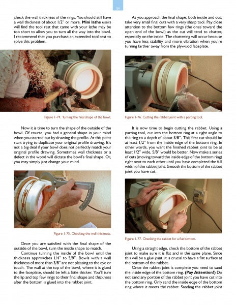 Segmented Bowls for the Beginning Turner by Schiffer Publishing, Ltd. offers step-by-step woodturning guidance with five detailed photos and essential safety tips for shaping and checking segmented bowls on a lathe.