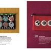 A two-page spread from "50 Pouches" by Schiffer Publishing, Ltd. shows a black applique flat pouch with colorful numbered circles and a red wool pouch with black-and-white circles—perfect inspiration for fabric scrap projects.