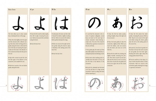 An Introduction to Japanese Calligraphy by Schiffer Publishing, Ltd. teaches you to write five hiragana (よ, は, の, あ, お) with handwritten examples, stroke order diagrams, and step-by-step brush technique instructions.