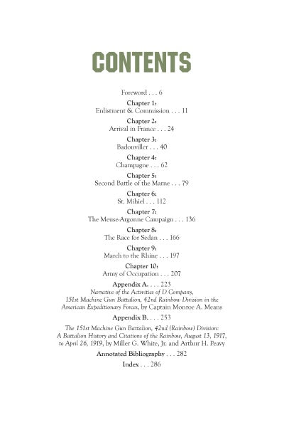 Table of contents for "Commanding Fire" by Schiffer Publishing, Ltd., listing chapters on battles, campaigns, the Rainbow Division in WWI, and military history appendices with their titles and page numbers.