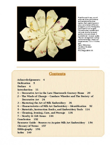 The book "Silk Art Embroidery" by Schiffer Publishing, Ltd. features a flower-shaped textile embroidery on the page top, with a contents table listing art embroidery and Victorian needlework chapters, resources, and glossary.