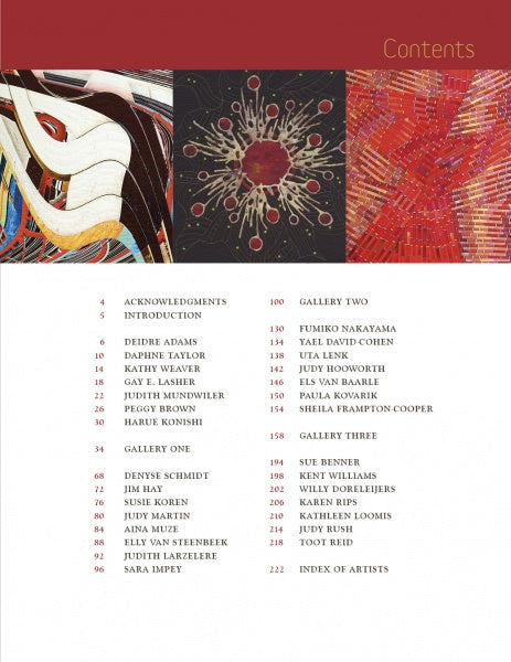 The contents page of Art Quilts International (Schiffer Publishing, Ltd.) features abstract art at the top, an orange "Contents" heading upper right, with contributors, gallery sections, and page numbers on a white background.