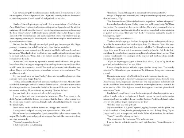 Pages 6 and 7 of "A Promise Stitched in Time" by Schiffer Publishing, Ltd. feature dense black serif text on white, including dialogue and narrative about WWII Jewish girls and their self-confidence. No illustrations are present.