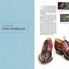 A spread from "The Art of Leather Inlay and Overlay" by Schiffer Publishing, Ltd. shows a blue textured page titled Chapter Two: Inlay and Overlay beside detailed photos of brown dress shoes with leather inlay and overlay artistry.