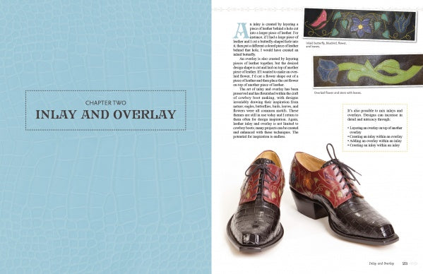 A spread from "The Art of Leather Inlay and Overlay" by Schiffer Publishing, Ltd. shows a blue textured page titled Chapter Two: Inlay and Overlay beside detailed photos of brown dress shoes with leather inlay and overlay artistry.