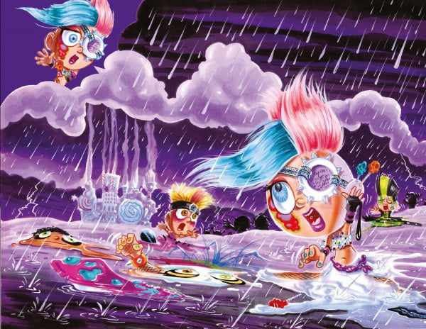 Three wild-haired kids with goggles brave a surreal purple rainstorm near a candy-like castle, in a scene from Schiffer Publishing, Ltd.'s The Sweet Rot, Book 3. One yells, another struggles to swim, and the third floats as lightning flashes.