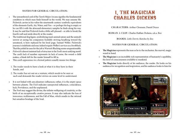 Two book pages from "The Charles Dickens Tarot" by Schiffer Publishing, Ltd.: Left—“NOTES FOR GENERAL CIRCULATION” explores reading and the mind. Right—I, THE MAGICIAN CHARLES DICKENS shows characters, plot, a book reference, and a Tarot card illustration.