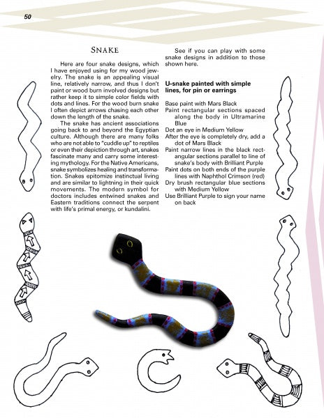 A page from "Making Wood Jewelry" by Schiffer Publishing, Ltd. showcases illustrated snakes in vivid shapes and colors—including a 3D black, purple, red, and yellow striped snake—with tips for using the designs in wood jewelry or desert-themed art.