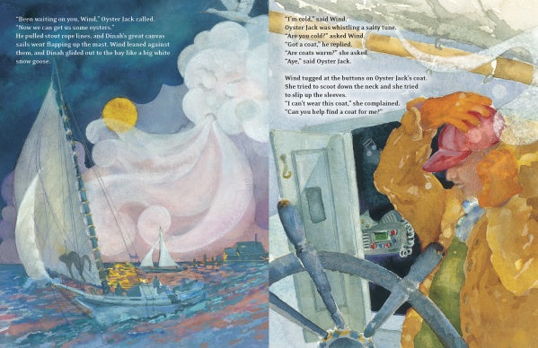 A watercolor in "Wind and Oyster Jack" by Schiffer Publishing, Ltd. shows a sailboat on choppy Chesapeake Bay at sunset; inside the cabin, a person in a yellow coat adjusts a red hat as story text overlays both pages.