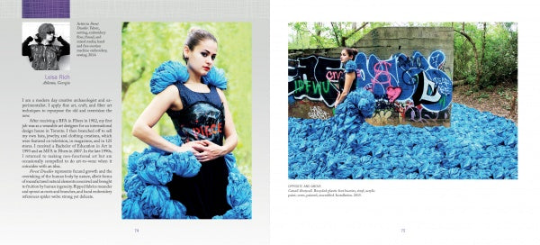 A woman in a sleeveless black top and striking blue ruffled fiber art gown poses near graffiti outdoors, fabric spread around her, as seen in Schiffer Publishing, Ltd.'s "Artistry in Fiber, Vol. 3." A text profile is shown on the left page.