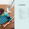 A table featuring a bowl of berries, a glass of water with a striped straw, paper straws, a small potted plant, and colorful mats crafted from "Weave It!" by Schiffer Publishing, Ltd., sits beside a contents page with section titles and page numbers.
