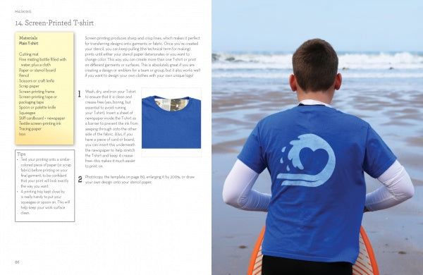 A boy on a sandy beach holds an orange surfboard, wearing a blue t-shirt with a white wave design. On the left, printmaking activity instructions from "Print It!" by Schiffer Publishing, Ltd. are visible.