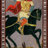 A knight in gold armor and a red cape rides a black horse, sword drawn at a red dragon-like serpent. The card border says Knight Swords. From The Byzantine Tarot by Schiffer Publishing, Ltd.; background is mottled gray-purple.