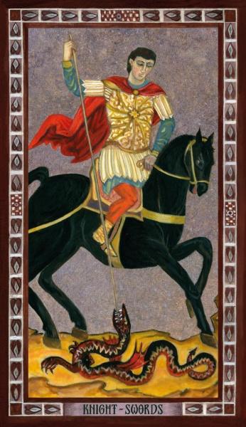 A knight in gold armor and a red cape rides a black horse, sword drawn at a red dragon-like serpent. The card border says Knight Swords. From The Byzantine Tarot by Schiffer Publishing, Ltd.; background is mottled gray-purple.