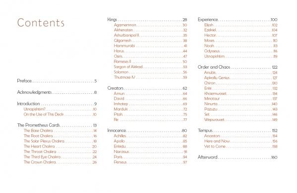 Table of contents for The Promethean Oracle by Schiffer Publishing, Ltd., listing Preface, Acknowledgements, Introduction, The Prometheus Cards—an oracle deck for personal divination—Kings, Creators, Innocence, Experience, Order and Chaos, Tempus, and Afterward.
