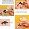 Four instructional photos show hands using a paper towel to apply oil and wax to a small wood bat pin, ideal for wood jewelry or burning projects, with step-by-step text. Featured in "Making Wood Jewelry" by Schiffer Publishing, Ltd.