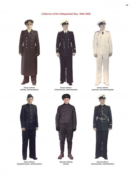 Uniforms of the East German Military by Schiffer Publishing, Ltd. features six full-length images of men modeling DDR military and Volkspolizei-See (1952–1956) uniforms—dress, deck, special clothing, and guard—each type clearly labeled.